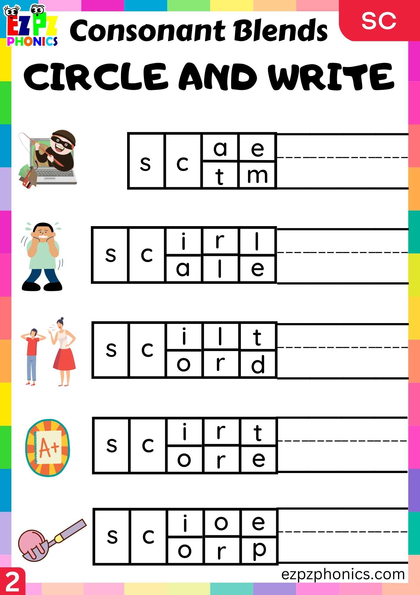 Group2 SC Words Circle And Write Phonics Consonant Blends Worksheet